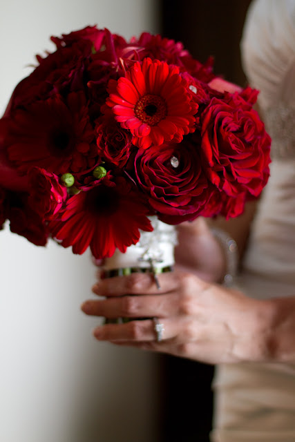 Crimson wedding flowers, scarlet bridal bouquet, red gerbera daisy bouquet, red garden rose bridal bouquet