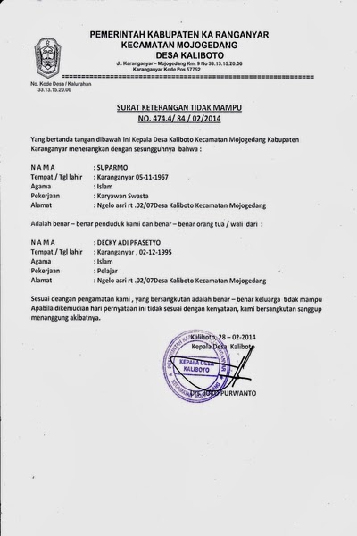 Contoh Surat Keterangan Tidak Mampu Dari Kepala Desa Lurah