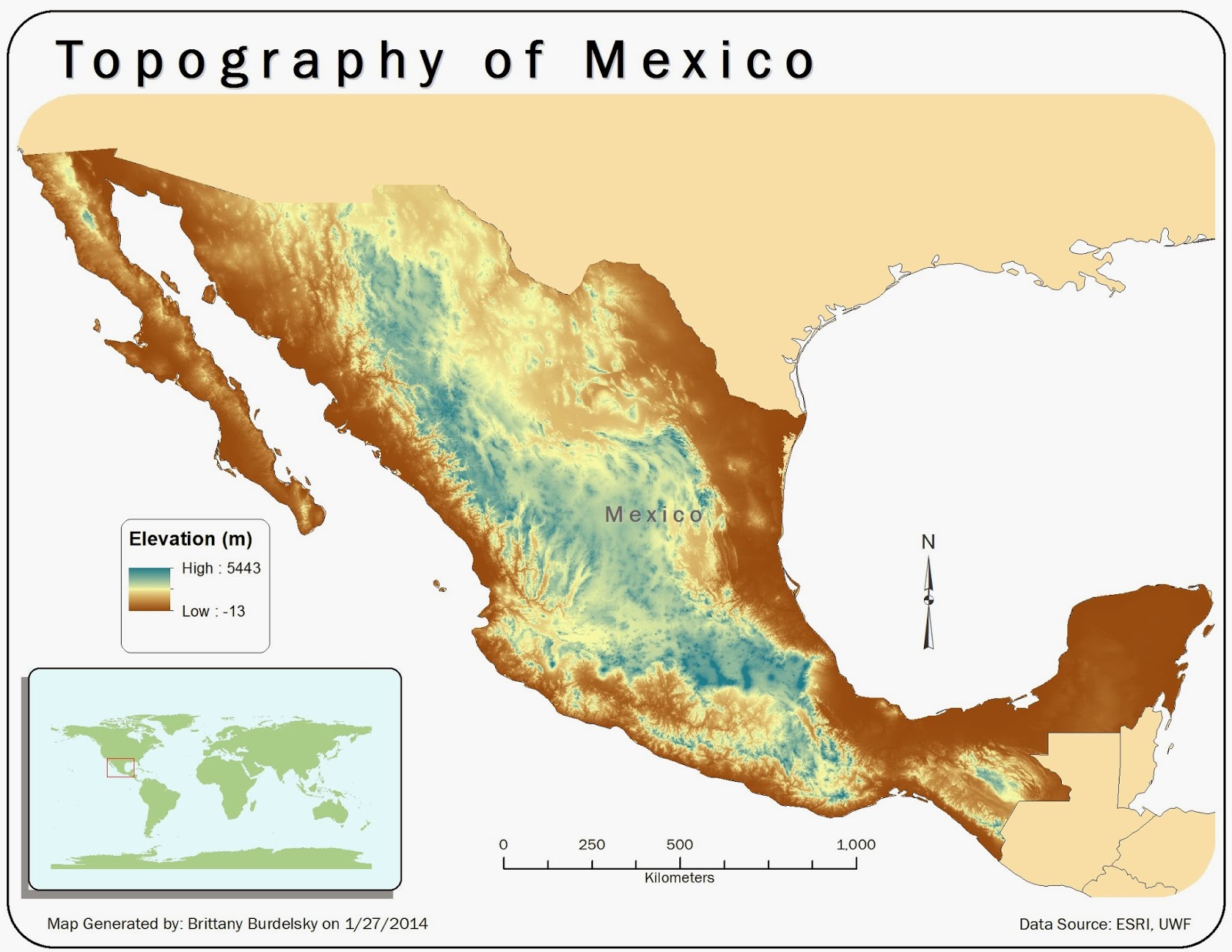 the map shows the topography of mexico using a raster data set with a stretched symbology color scheme the map shows the topography of mexico using a raster data set with a stretched symbology color scheme
