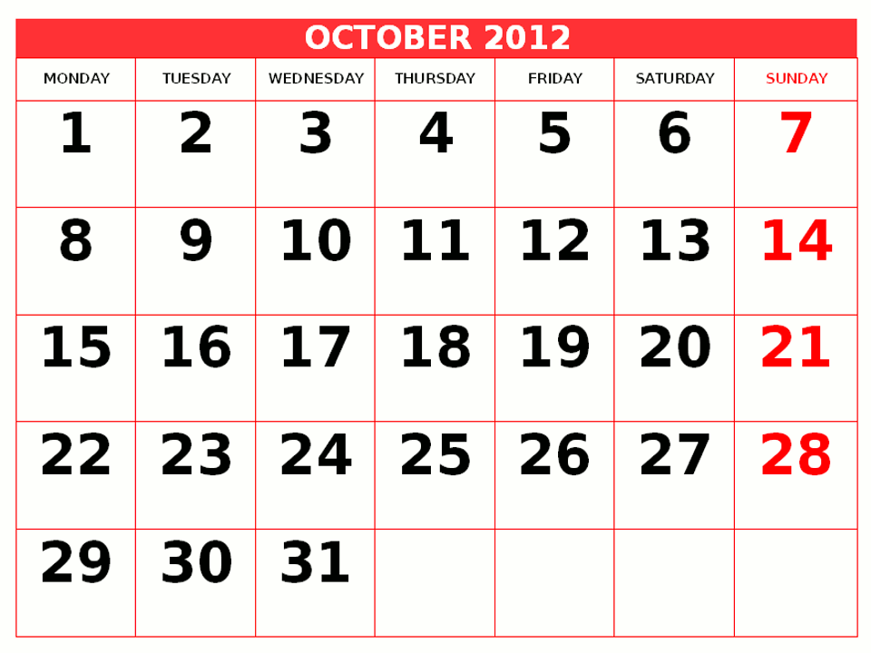 CALENDAR 2012 Free Printable October Calendar 2012