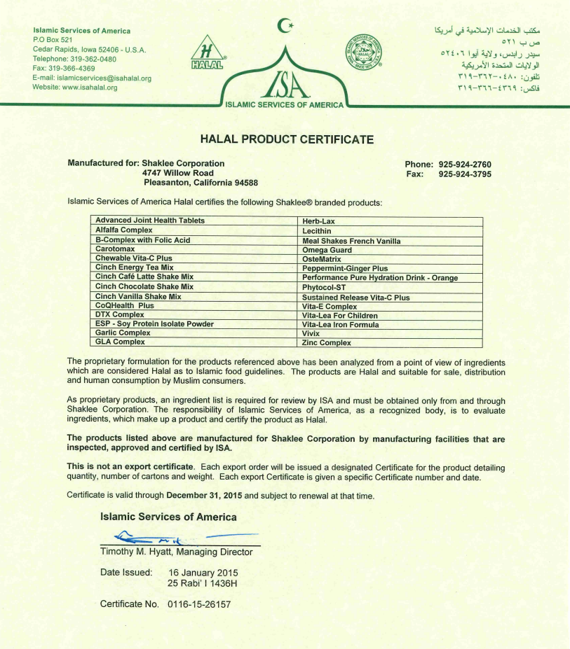 Shaklee Halal Certificate