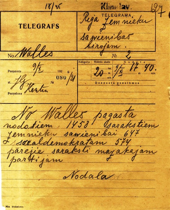 23 - vēsture - Telegramma par 1. Saeimas vēlēšanu balsošanas rezultātiem Valles pagastā . 1922. g.