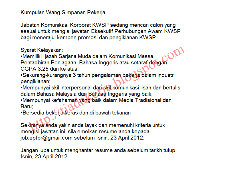 Tarikh Tutup Permohonan: 23 April 2012