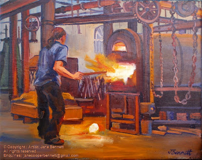 oil painting of Blacksmith painted at the Australian Technology Park, Eveleigh Railway Workshops by industrial heritage artist Jane Bennett