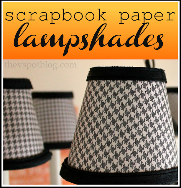 Re-cover chandelier shades with scrapbook paper.