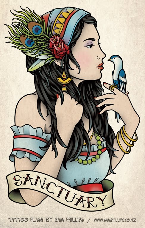 I designed this gypsy holding a bird on her finger tattoo for Bianca 
