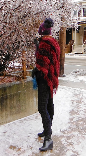 Fun Winter Style! Poncho from Winners, Velvet Denim from SmartSet, Wool Tuque, Boots from The Hudson's bay, Leather Gloves from Sears, Fashion Blogger Toronto Style Outfit The Purple Scarf by Melanie.Ps