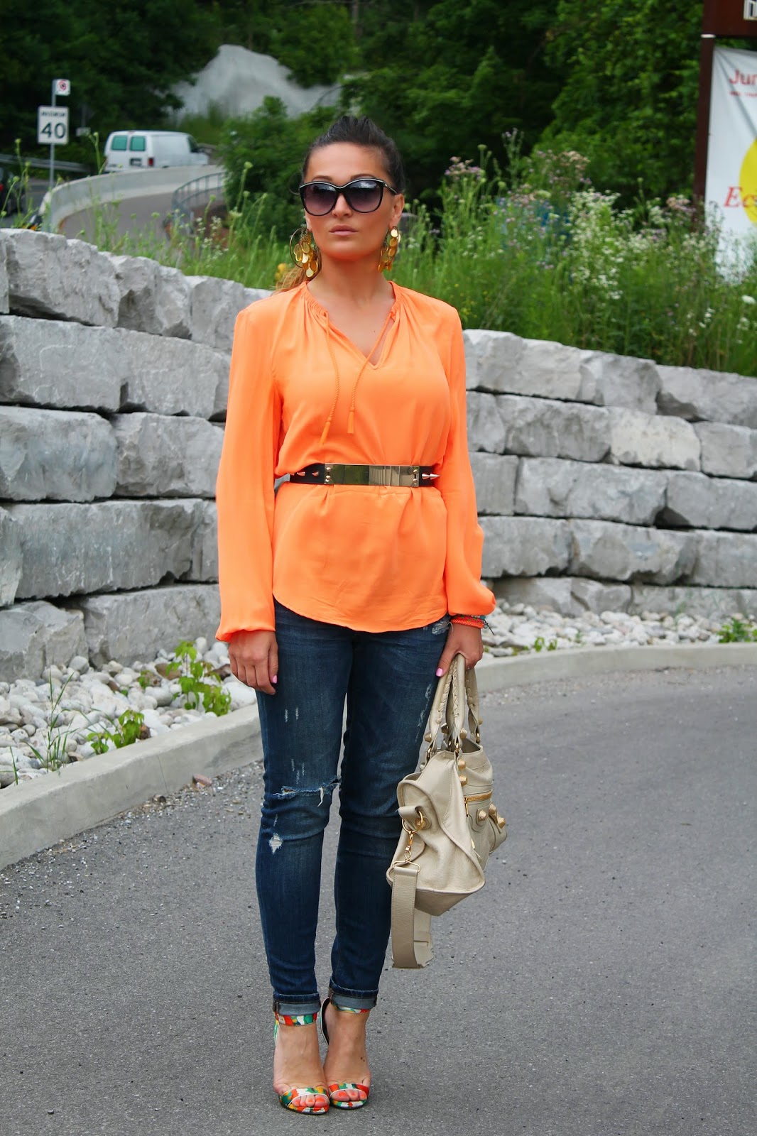Joe Fresh Orange Silk Blouse & Skinny Jeans