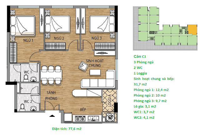Căn hộ C1 77.6 m2 tầng 3-6 Valencia Garden Căn hộ C1 77.6 m2 tầng 3-6 Valencia Garden