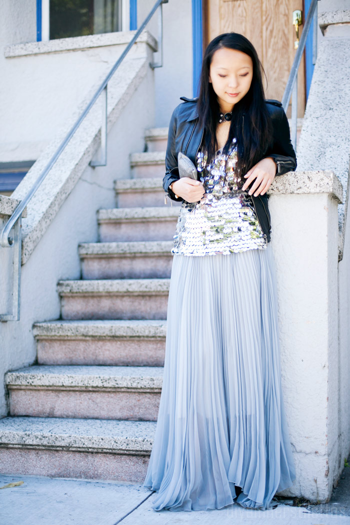 zara sequin paillettes silver top, von vonni pleated maxi skirt, my tribe leather jacket, amrita singh gunmetal necklace, san francisco, fashion blog, street style, diya liu