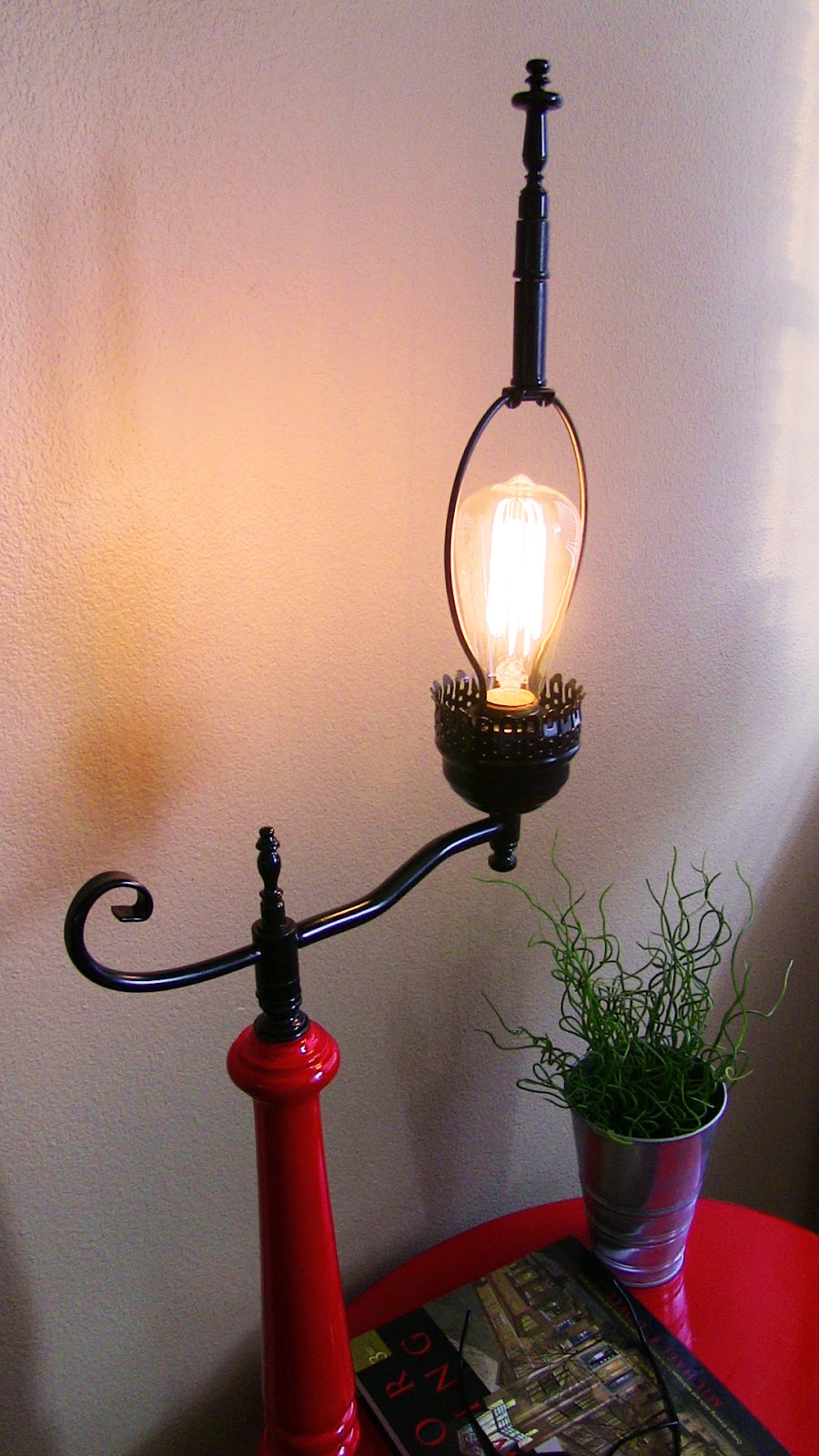 Apple Red and Black Vintage side table with Lamp attached Tweaked Designs