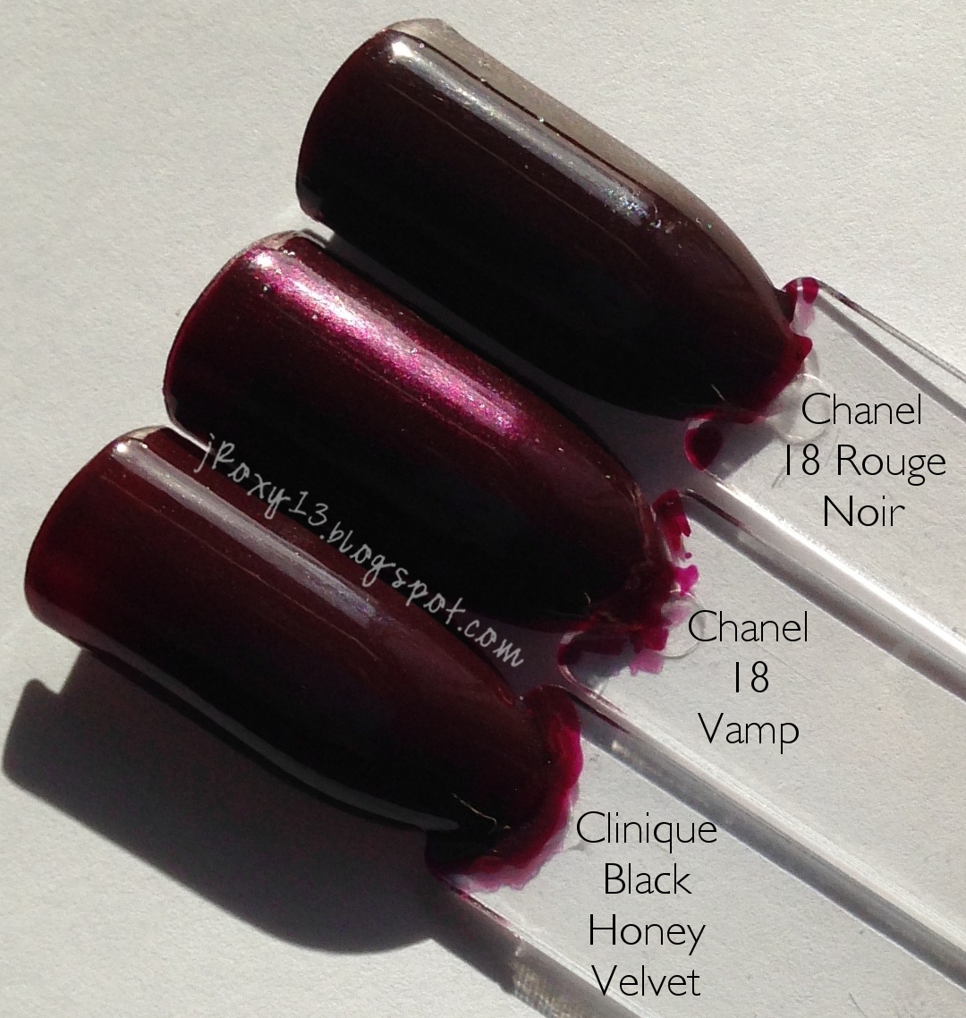 Chanel in #18 Rouge Noir, #18 Vamp, #757 Rose Fusion, and Le Top Coat Lamé  Rouge Noir Swatches + Comparisons