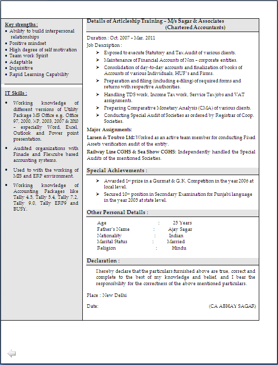 Indian chartered accountant resume format
