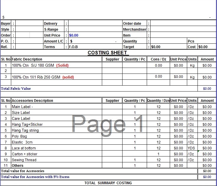 Techtunes Costing Format of Garments
