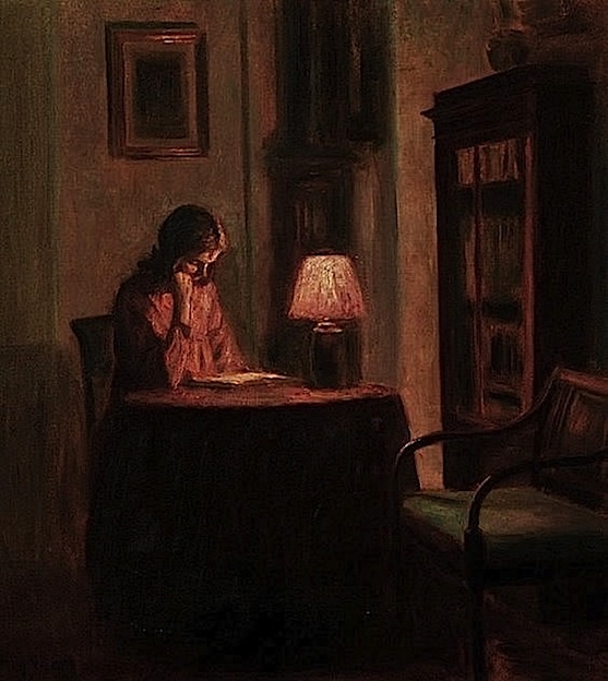 Poul Friis Nybo (1869-1929) Interior con Mujer Leyendo