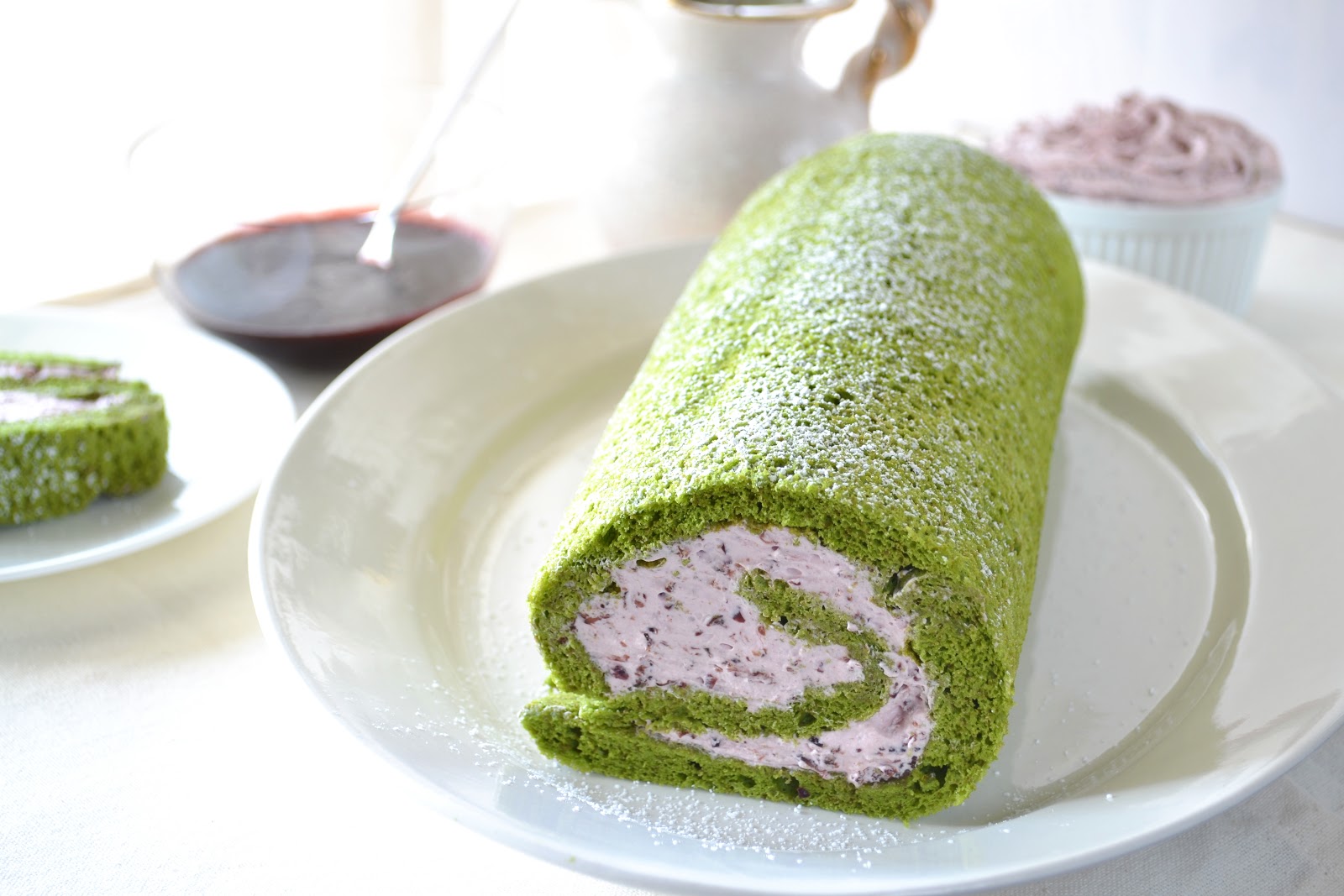Green Tea Roll Cake with Cherry Mousse Filling Building Buttercream