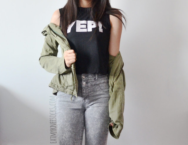 CrossWalk Fashion Review: Printed Tank Top A grunge-style outfit featuring CrossWalk's printed sleeveless high-neck tank top, acid-washed high-waisted Charlotte Russe jeans, and an army green jacket.