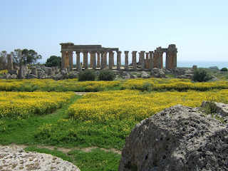 Blick von den Resten von Tempel G über die Reste von Tempel F auf die Nordseite des Tempels E von Selinunt Blick von den Resten von Tempel G über die Reste von Tempel F auf die Nordseite des Tempels E von Selinunt