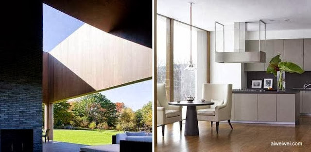 Dos sectores de la casa, uno abierto y el otro cerrado de uso diario Patio y cocina de la residencia contemporánea en Ancram