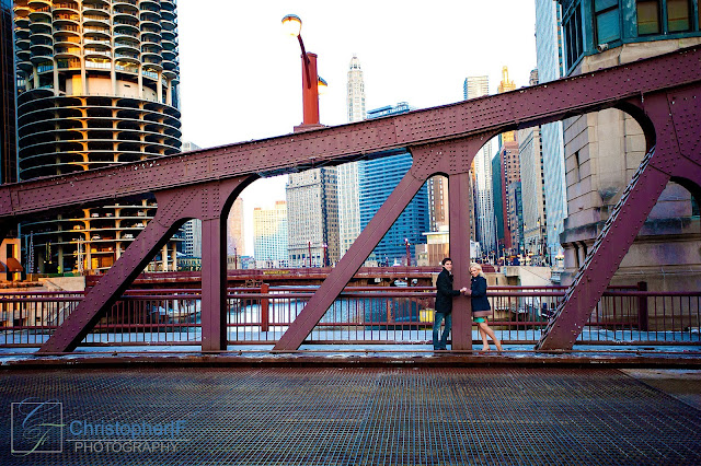Chicago Sunset Engagement Photo River Bridge