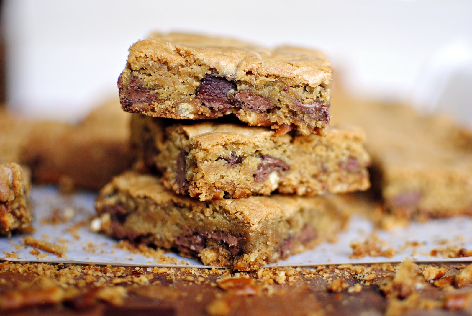 Simply Scratch Chocolate Chip Cookie Bars with a Salty Pretzel Crust