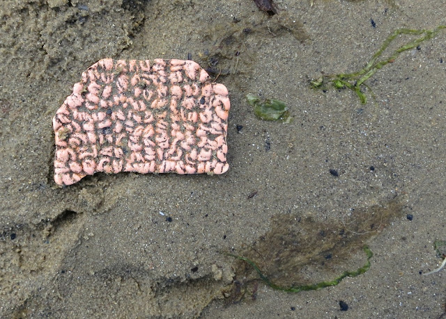 Fragment of something (don't know what) pink with grey (sand?) patterns.
