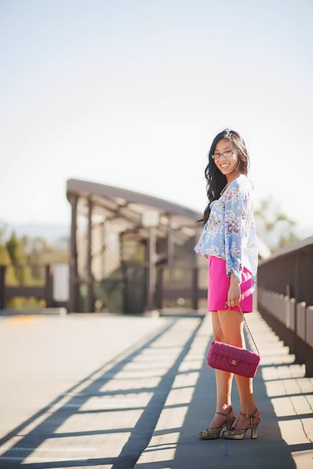 photography color block blue fuchsia outfit