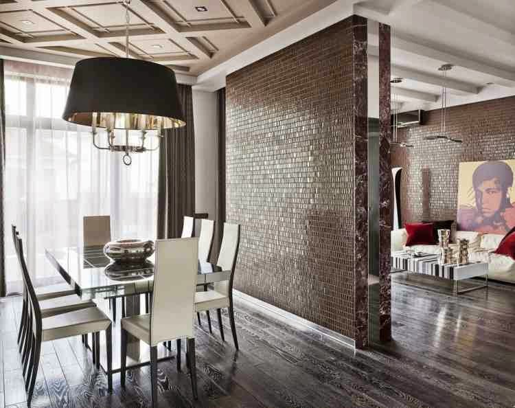 luxury dining room wall decor ideas, glossy partition and wooden floor
