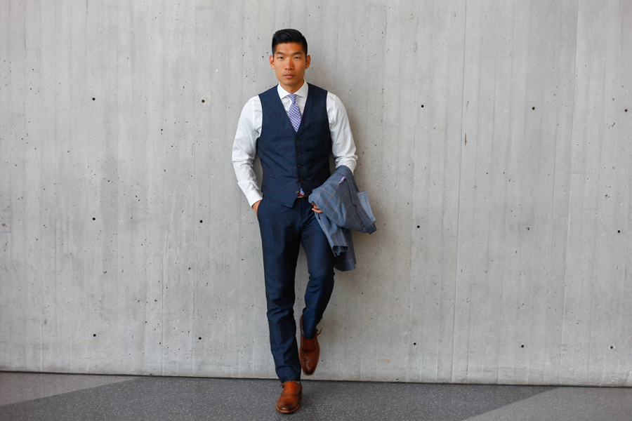 Leo Chan Bonobos Pinstripe Vest & Pants, Brooks Brothers Sport Coat