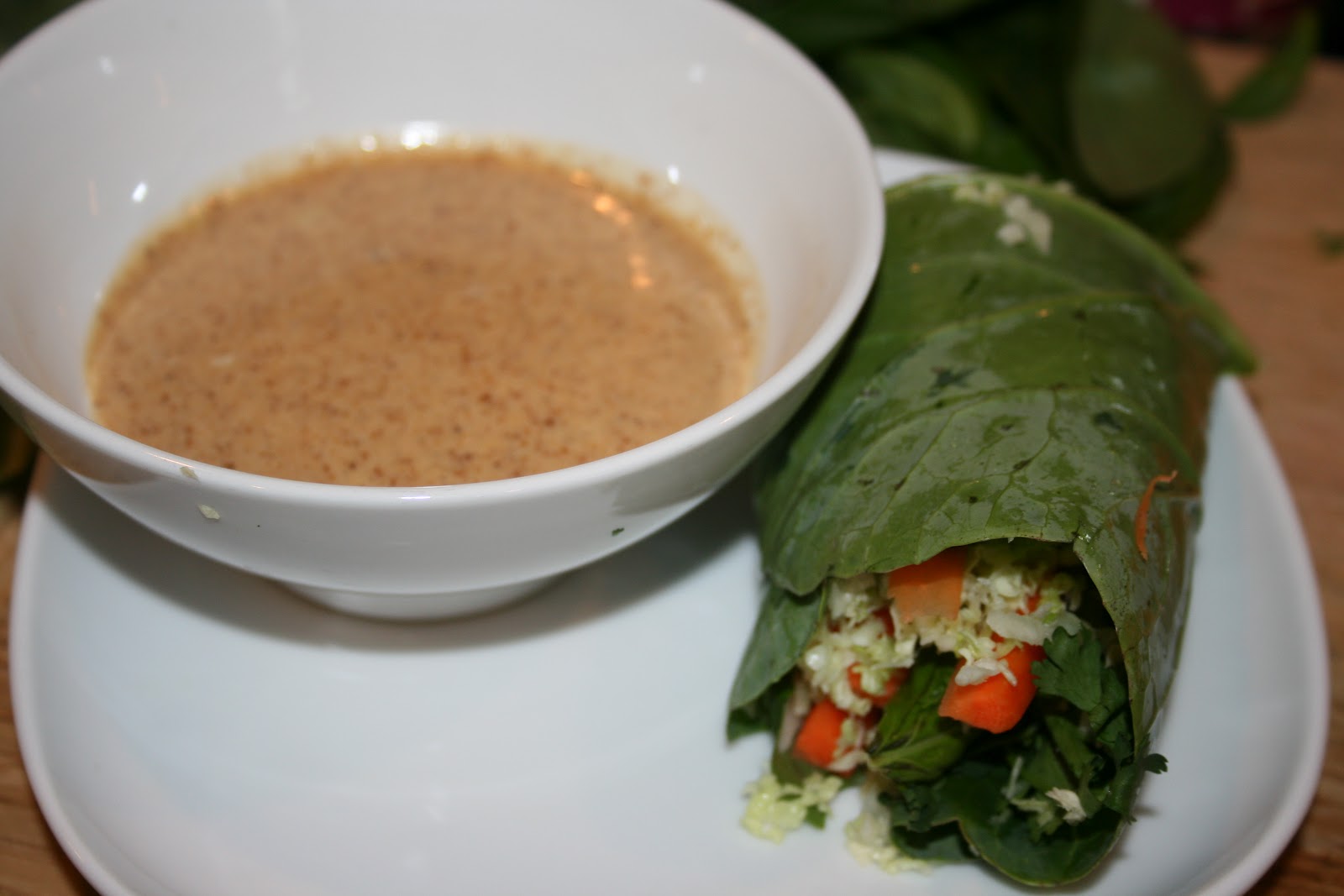 Raw Yoga Mom Collard Wraps with Spicy Thai Almond Butter Dipping Sauce