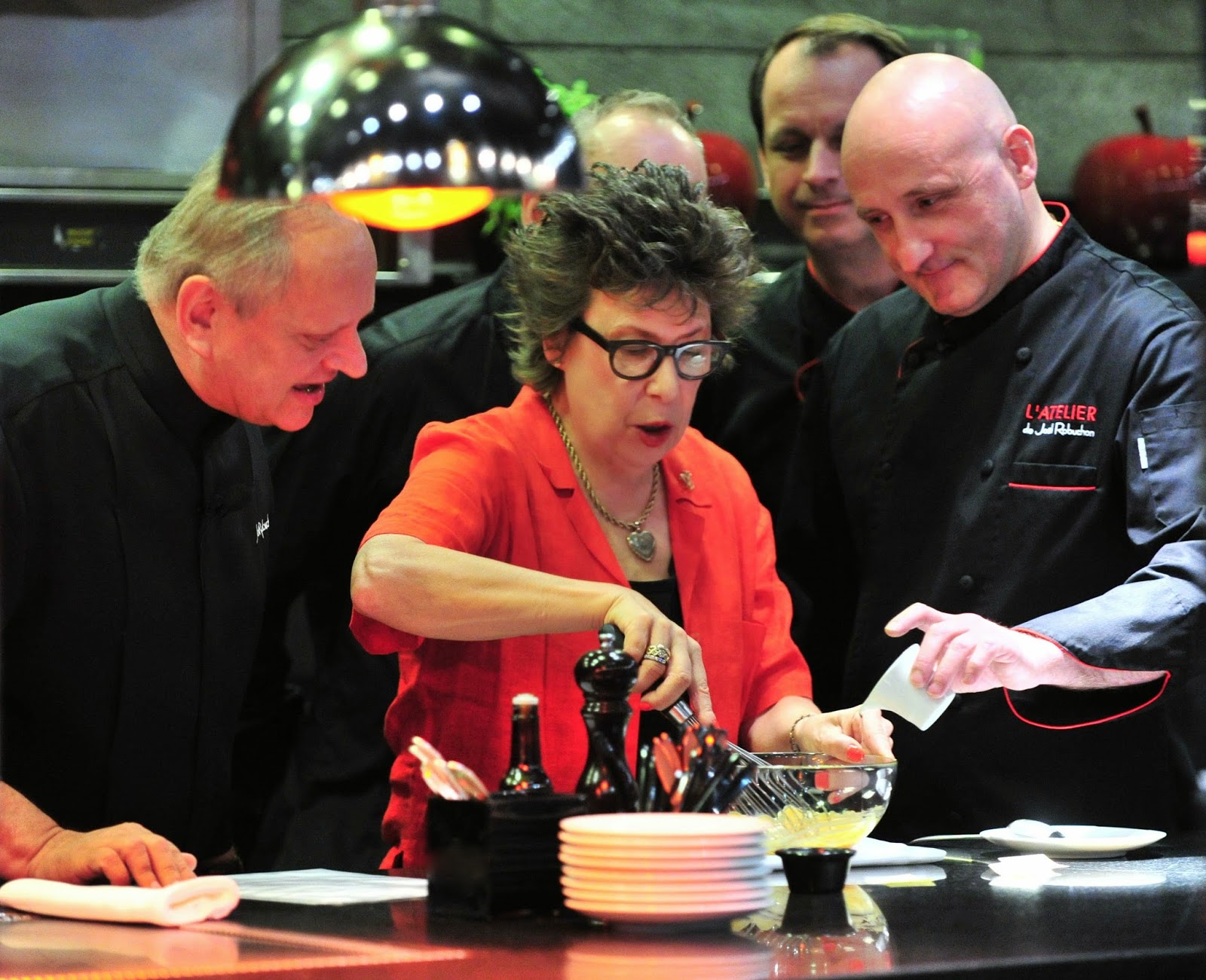 Chef Joel Robuchon, Food Stylist Alice Hart, Chef Philippe Braun,Chef Eric Bouchenoire Vegas Uncork'd 2014 Joel Robuchon cooking demo with celebrity food stylist Alice Hart L'Atelier de Joel Robuchon