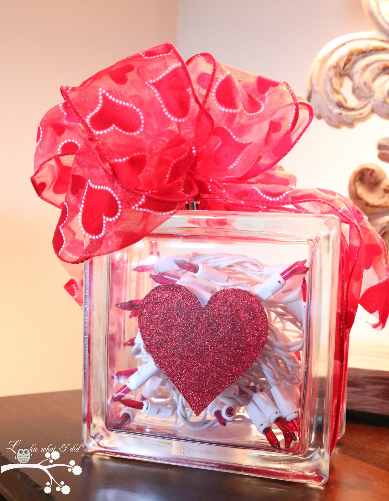 Lookie What I Did Glittered Heart Glass Block