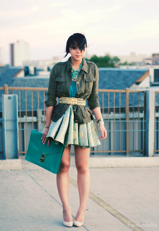 forever 21 parka, DIY brocade circle skirt, forever 21 teal silk tank, vintage jewelry, austin fashion, austin fashion blog, austin streetstyle
