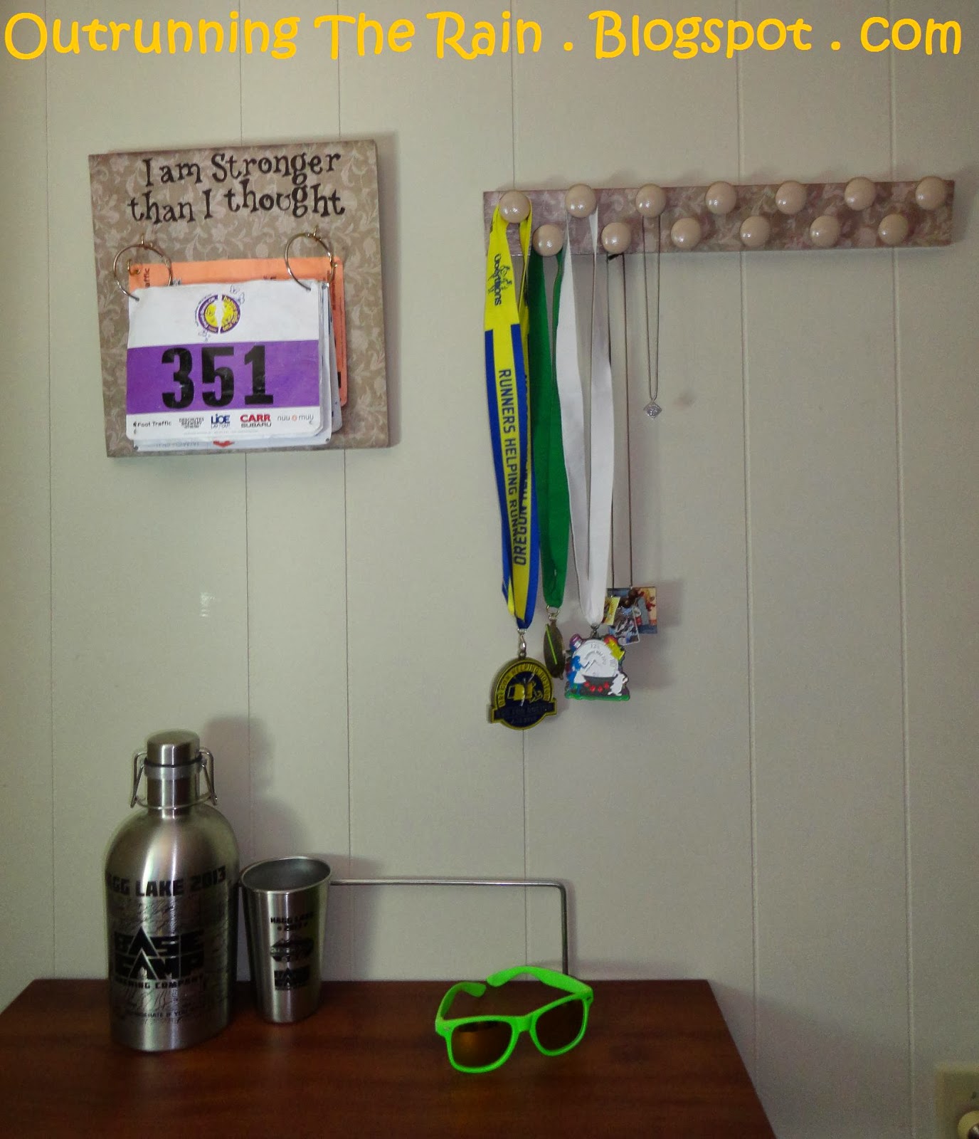 Outrunning The Rain DIY Race Bib and Medal display (cost about 17.00)