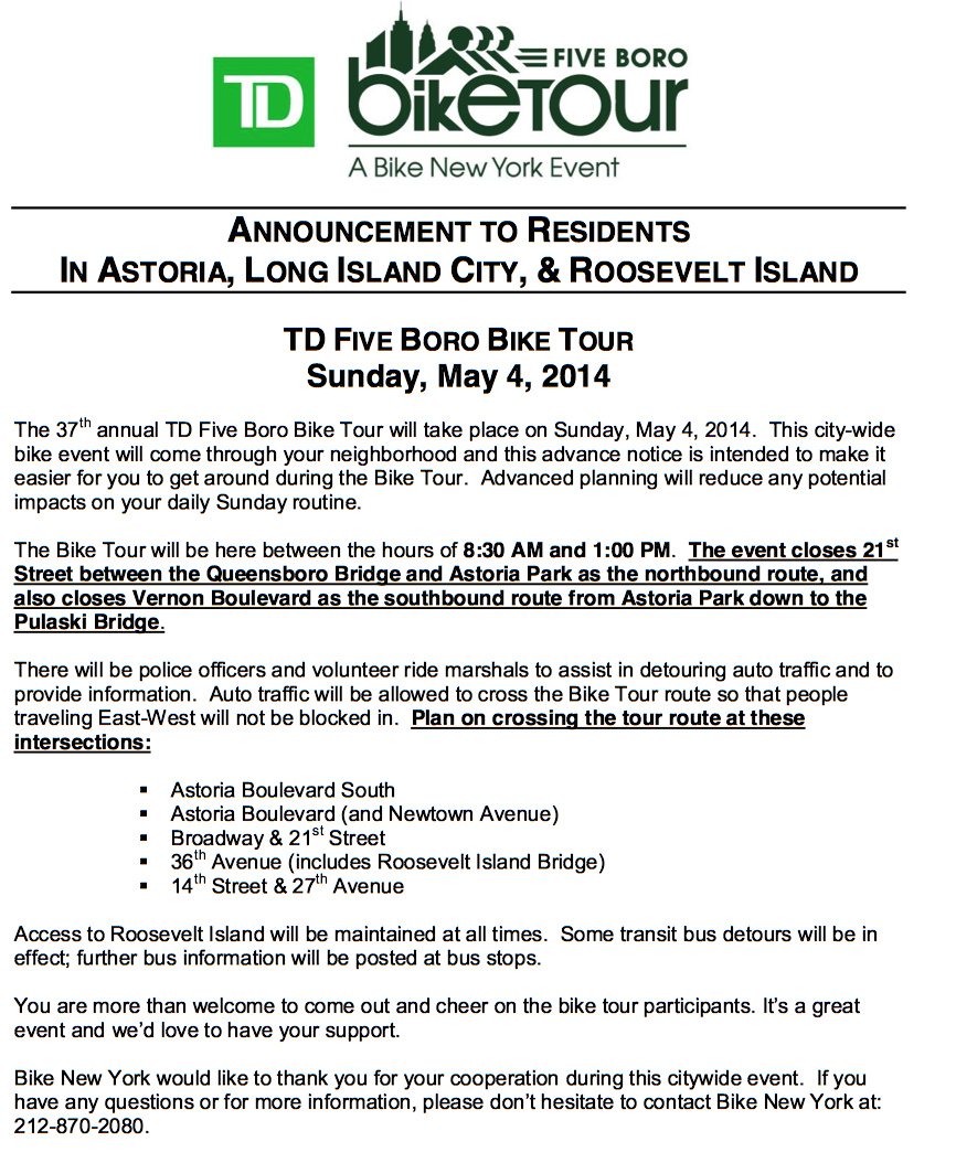 Roosevelt Islander Online TD Five Borough Bike Tour Sunday May 4