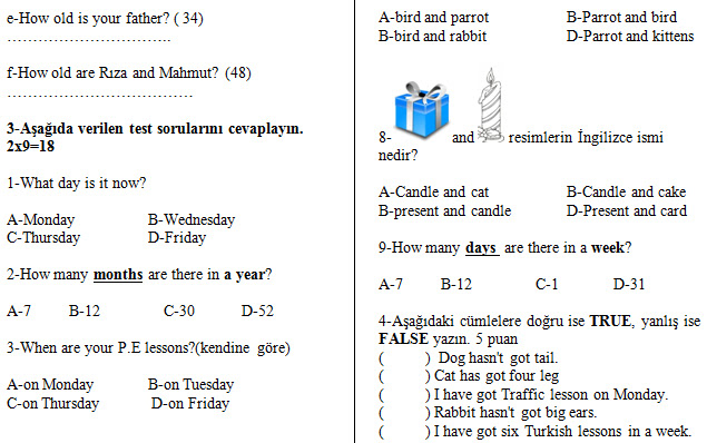 4 sınıf ingilizce testleri
