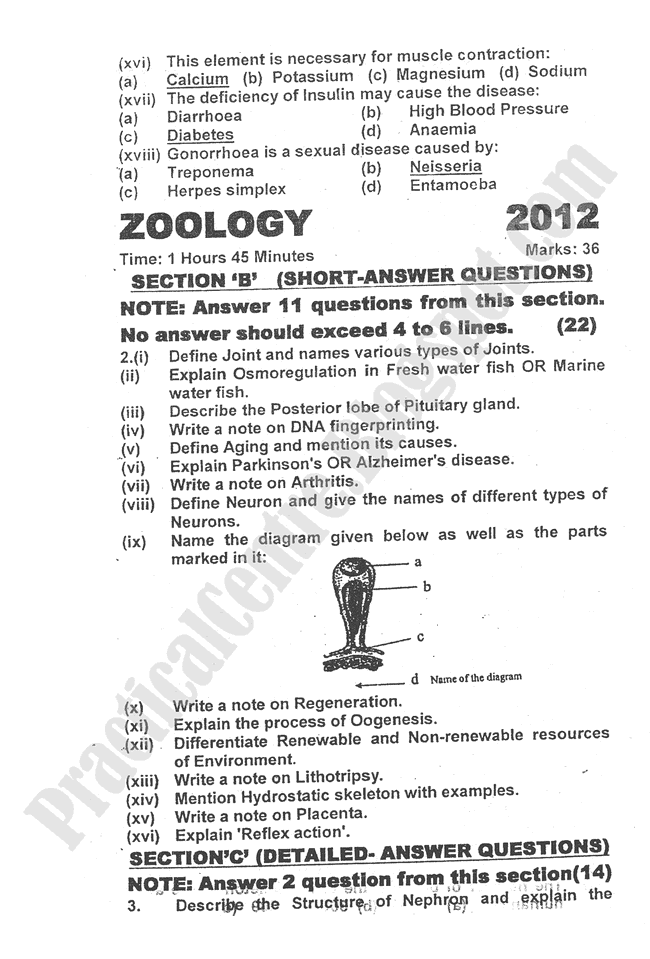 2012-zoology-five-year-paper-class-XII