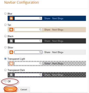 Pilih 'Off' kemudian Save template anda. Langkah-langkah menghilangkan navigation bar pada blogger.
