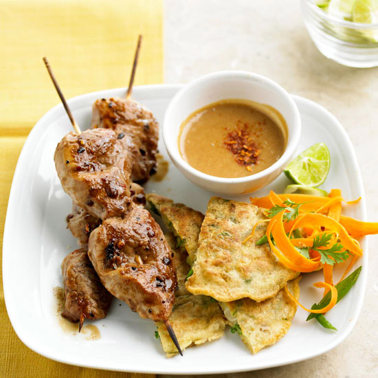 My Favorite Things Pork Kabobs with Onion Cakes and Peanut Sauce