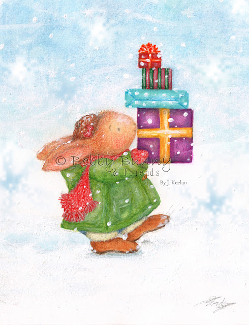 Bobby Bunny Presents & Snow Christams Illustration - Copyright Bobby Bunny & Friends - By Jennifer Keelan Illustration 2010 