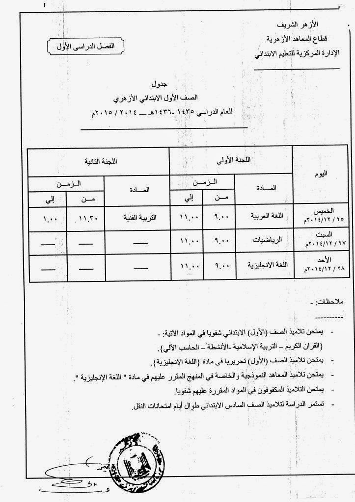 جدول امتحانات الترم الاول 2015 للصف الاول الابتدائى الازهرى