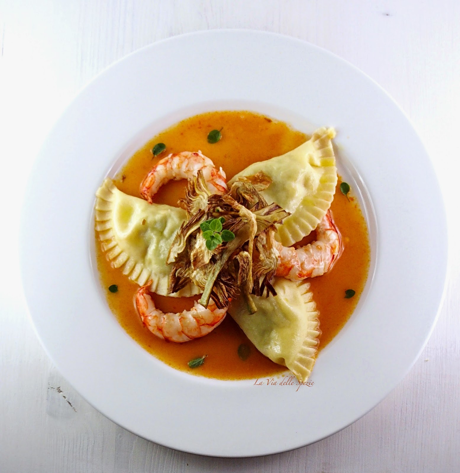 La via delle spezie Ravioli con carciofi e gamberi