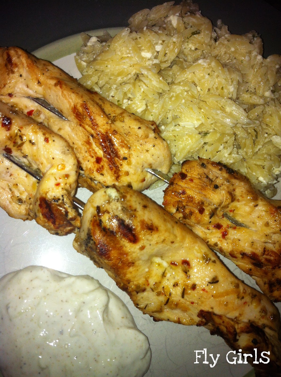 Fly Girls Greek Chicken Kabobs with Yogurt Dipping Sauce and Orzo with Feta