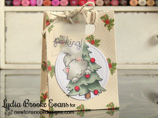 No Peeking christmas kitty gift bag by Lydia Brooke for Newton's Nook Designs - Newton's Curious Christmas Cat stamp set