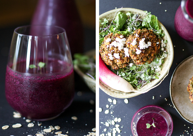 Quinoa and kale patties and a beet berry smoothie.