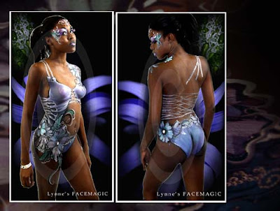 Swim wear body art with gems flowers and glitter in shades of blue created by Lynne's FACEMAGIC Melbourne