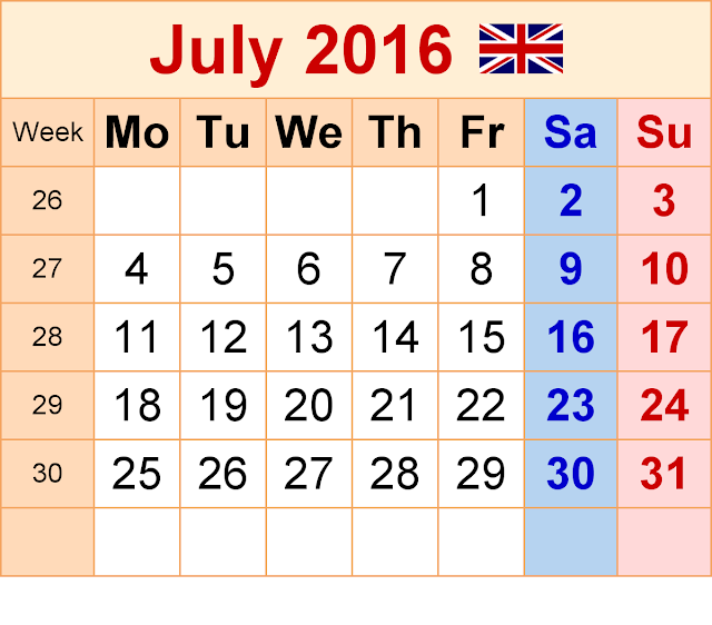 July 2016 Calendar with UK Holidays Free, July 2016 Printable Calendar Cute Word Excel PDF Template Download Monthly, July 2016 Blank Calendar Weekly