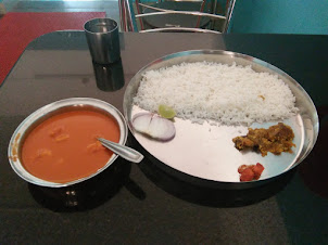 Prawn curry rice at Kumta on the Goa to Barkur motorcycle ride.