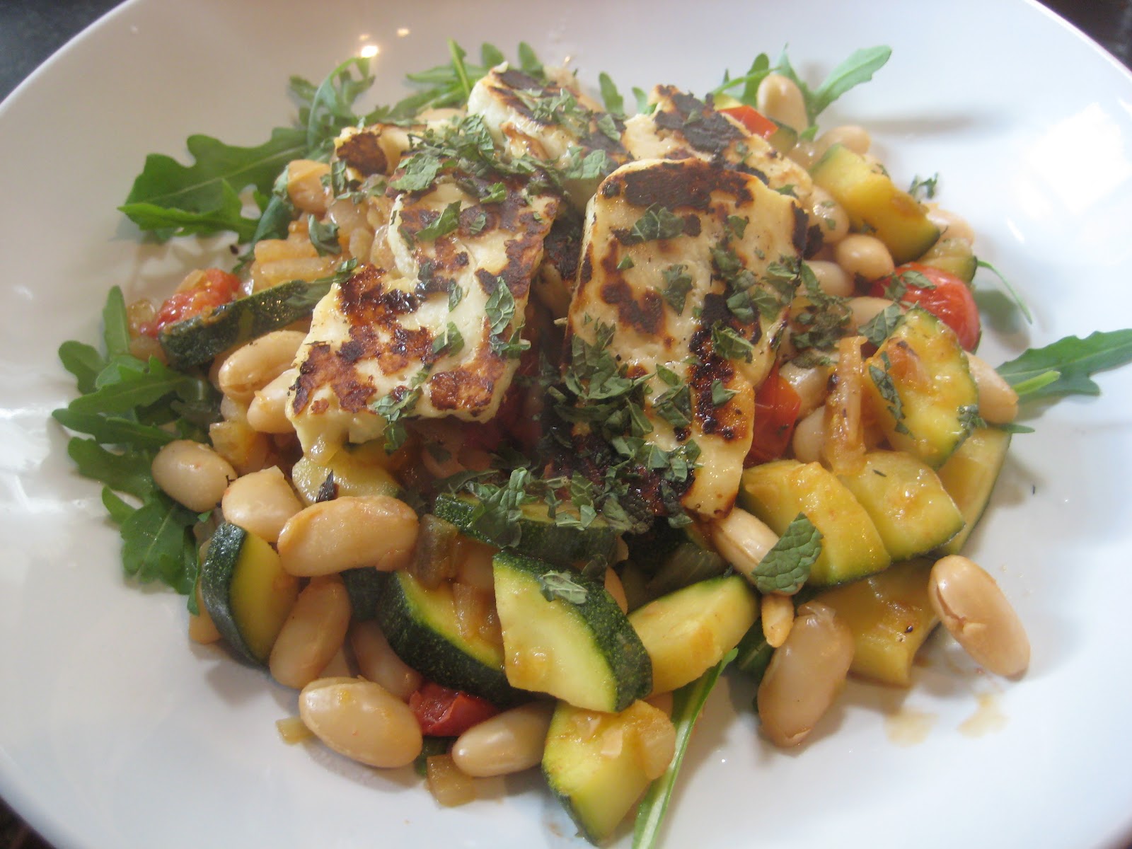 Lemon and Cheese Halloumi with Warm Lemony Bean Salad