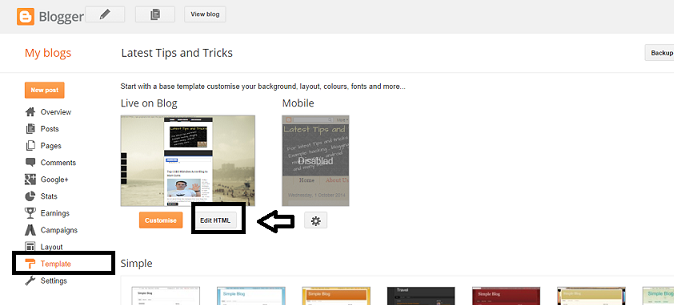 Go to Template and Then Click on Edit Html
